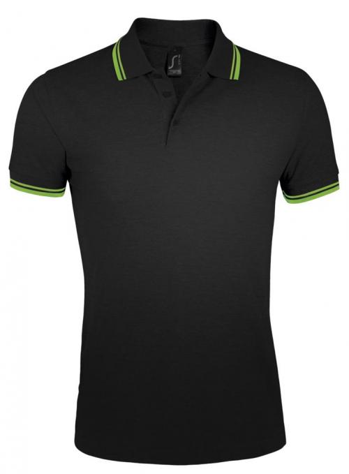 Рубашка поло мужская Pasadena Men 200 с контрастной отделкой, черный/зеленый, размер XXL